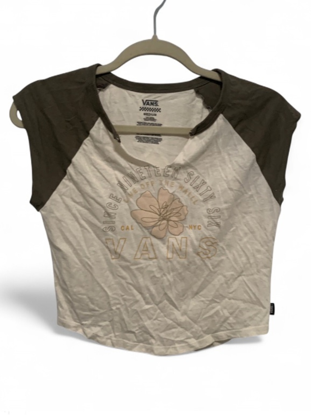 Vans Flower Graphic Two-Tone Raglan Cropped Split Neck Tee Shirt